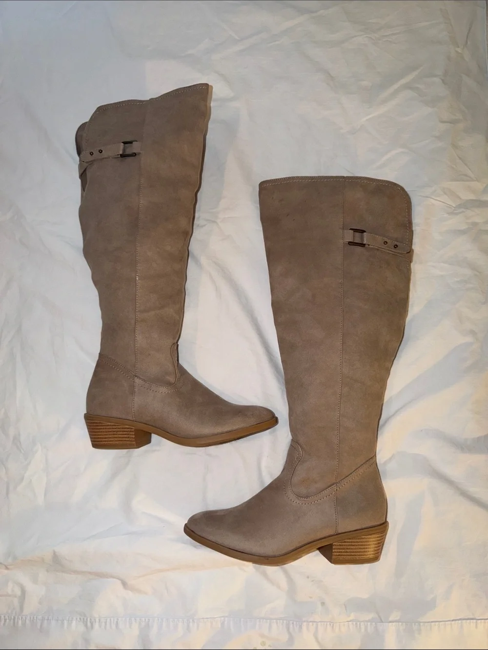 Women’s 8 Knee-High Suede Boots in Taupe with Low Block Heel